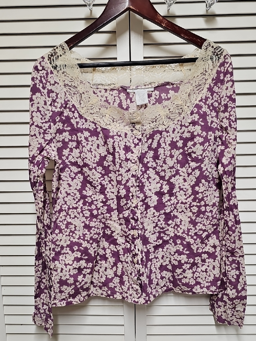 EUC Vintage Charlotte Russe Purple Floral Lace-Trim Button Front 100% Cotton - Picture 1 of 13